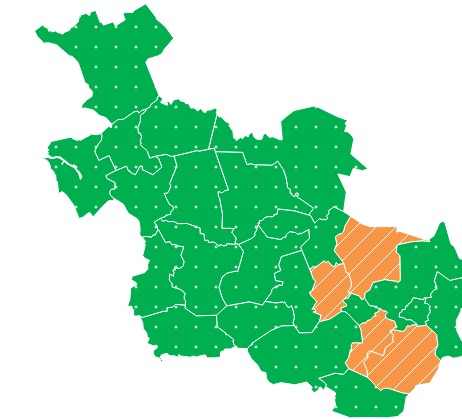 Kaart van Overijssel in het groen met witte stippen, en delen van Overijssel oranje met diagonale, witte strepen