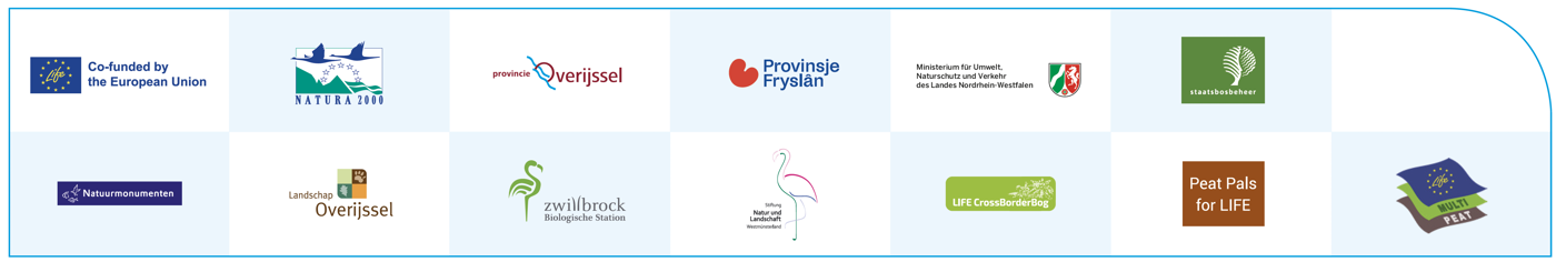 Logo’s met de logo’s van EU Life: Co-funded by the European Union, Natura 2000, Provincie Overijssel, Provinsje Fryslân, Ministerium für Umwelt, Landwirtschaft und Verkehr des Landes Nordrhein-Westfalen, Staatsbosbeheer, Natuurmonumenten, Landschap Overijssel, Zwillbrock Biologische Station, Stiftung Natur und Landschaft Westmünsterland, project LIFE CrossBorderBog, project Peat Pals for LIFE en LIFE Multi Peat.