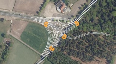 Plattegrond landschap met daarover in wit een rotonde op getekend
