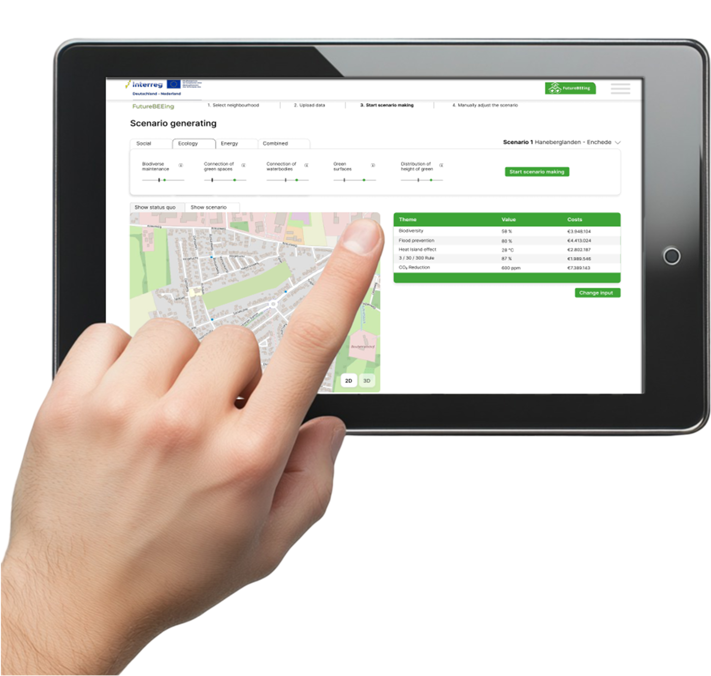 Hand met Ipad en de Tool van Interreg in beeld