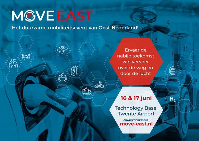 Move east poster met blauw, wit en rood met hexagon vormen en icoontjes erin