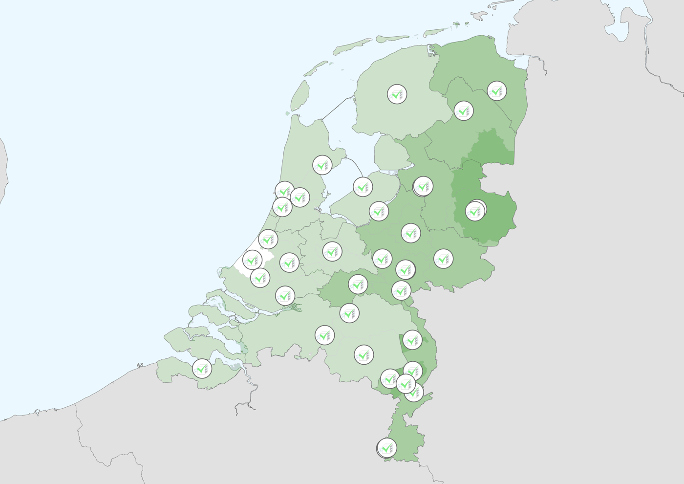 De kaart laat zien welke overheidsinstantie (onder andere een provincie, een omgevingsdienst, een gemeente) gebruik maakt van de tool. Hoe donderker de kleur, hoe meer gebruikers bij die organisatie.