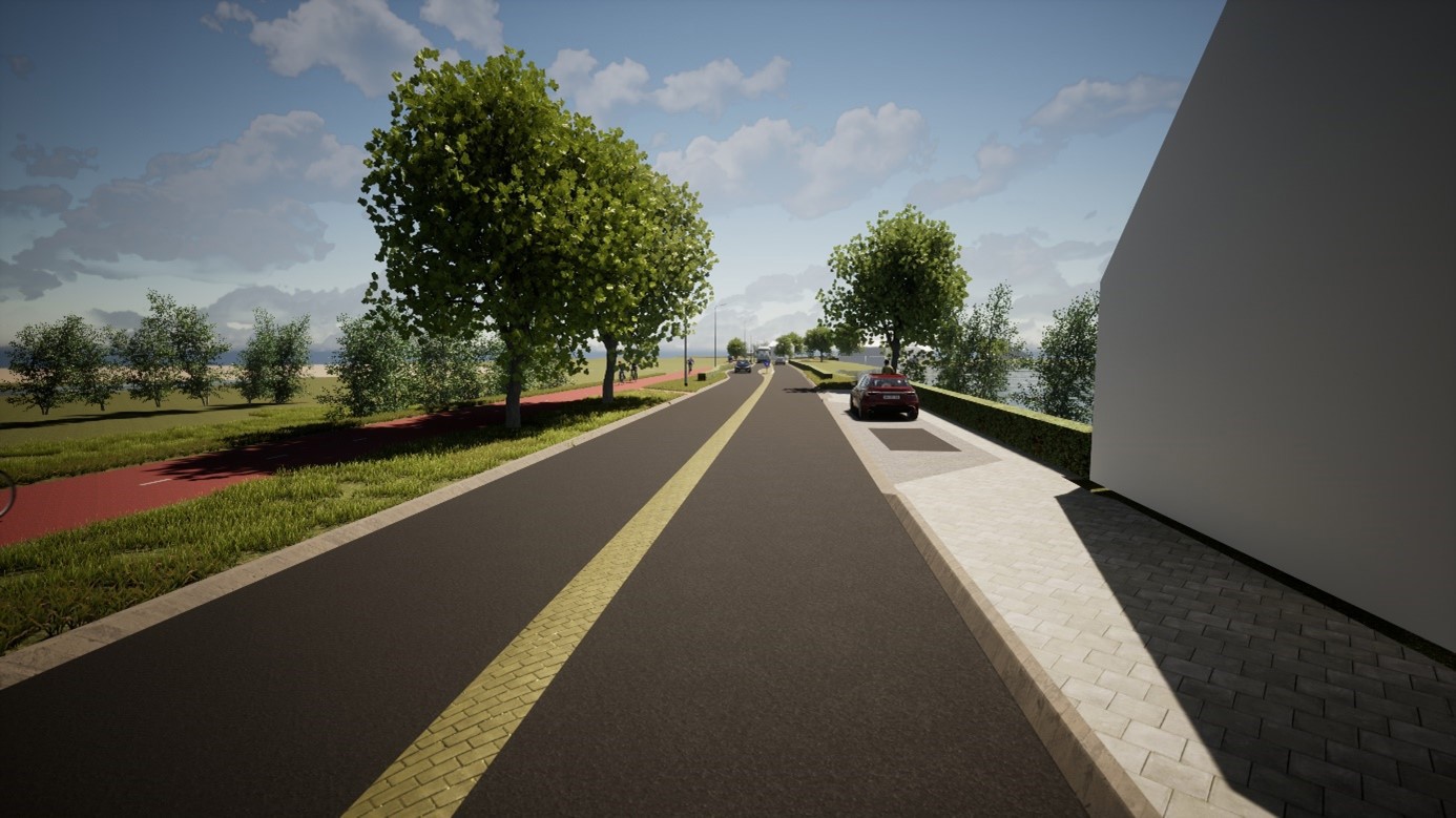 Foto van autoweg langs groene bermen en fietspad